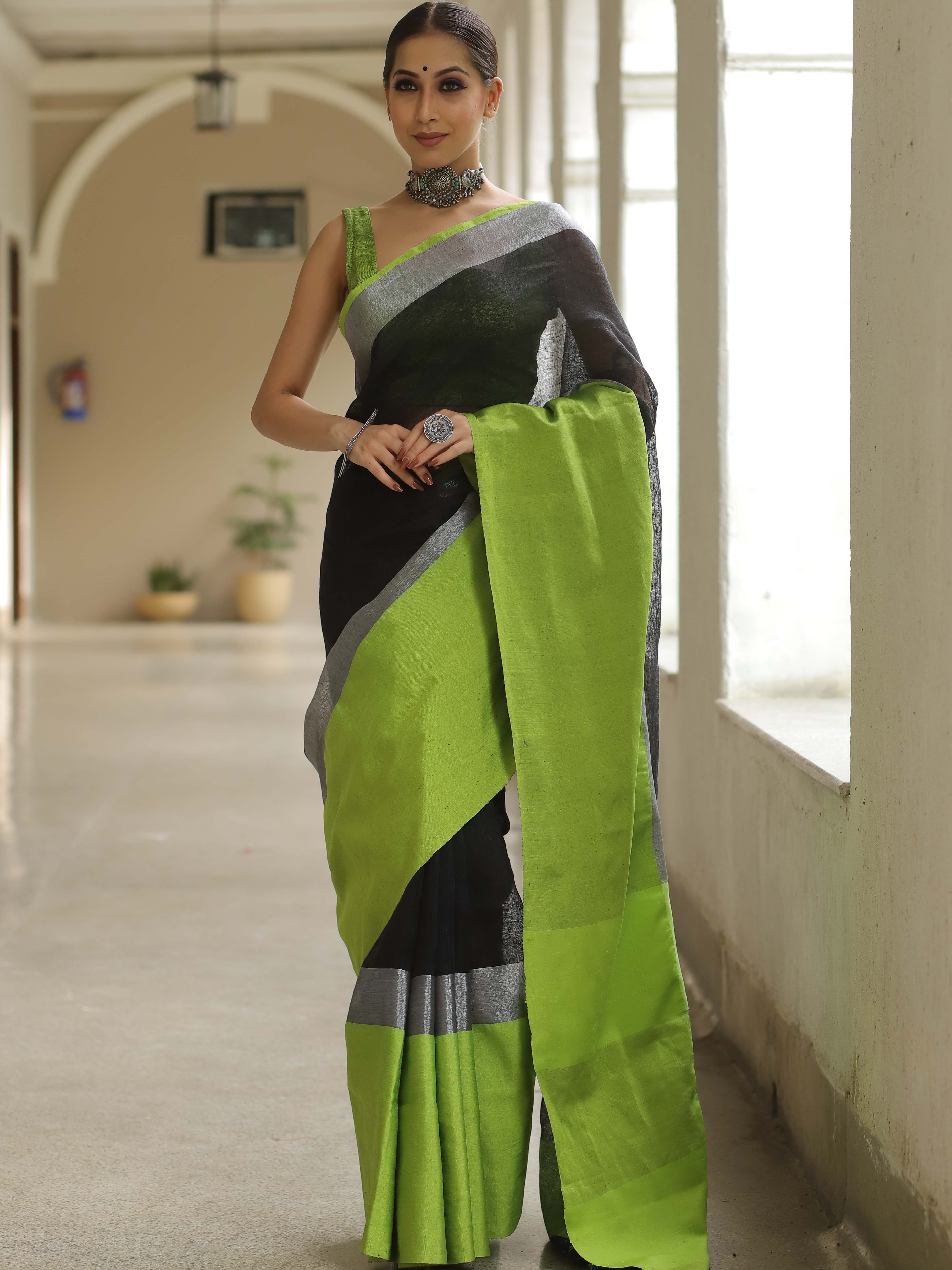 Banarasee Handloom Pure Linen Saree With Contrast Border-Black & Green