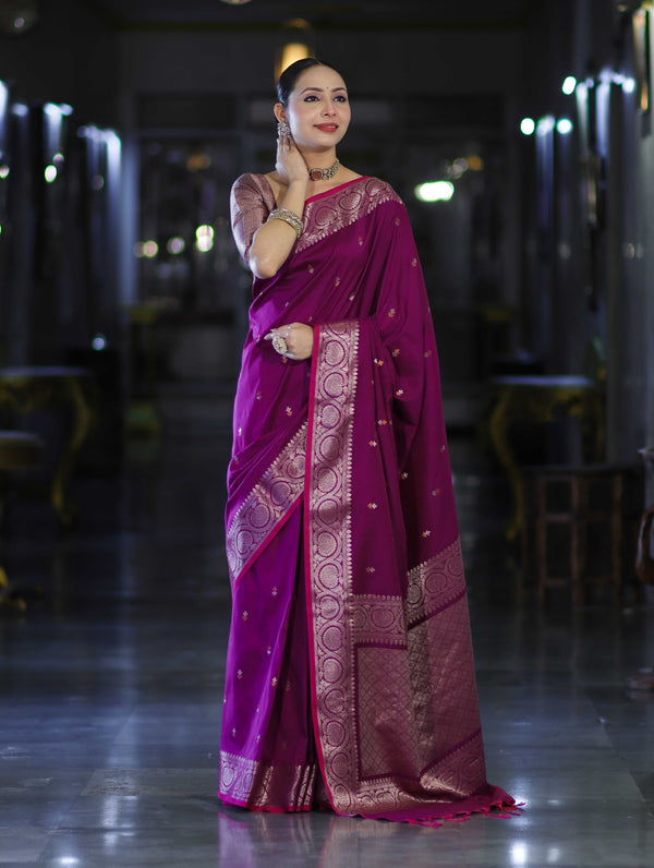 Banarasee Handloom Dual Tone Semi Silk Saree With Buti Design & Border-Wine