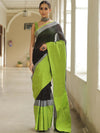 Banarasee Handloom Pure Linen Saree With Contrast Border-Black & Green