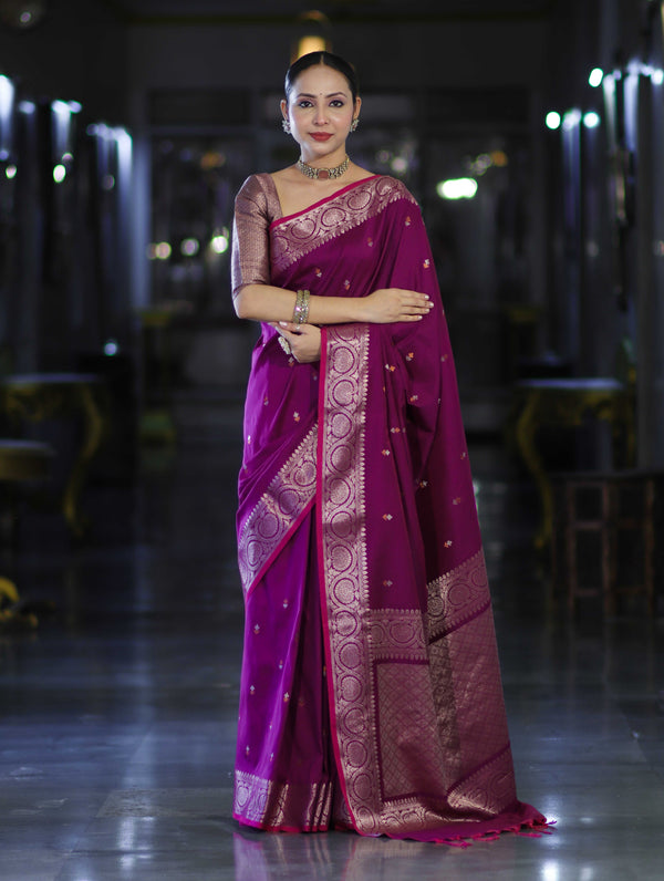 Banarasee Handloom Dual Tone Semi Silk Saree With Buti Design & Border-Wine