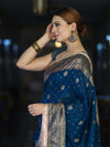 Banarasee Handwoven Faux Georgette Saree With Antique Zari Work Floral Border & Lace-Teal Blue