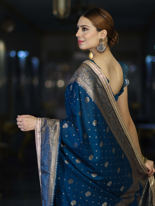 Banarasee Handwoven Faux Georgette Saree With Antique Zari Work Floral Border & Lace-Teal Blue