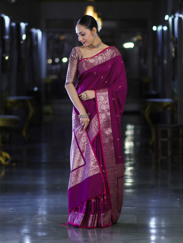 Banarasee Handloom Dual Tone Semi Silk Saree With Buti Design & Border-Wine