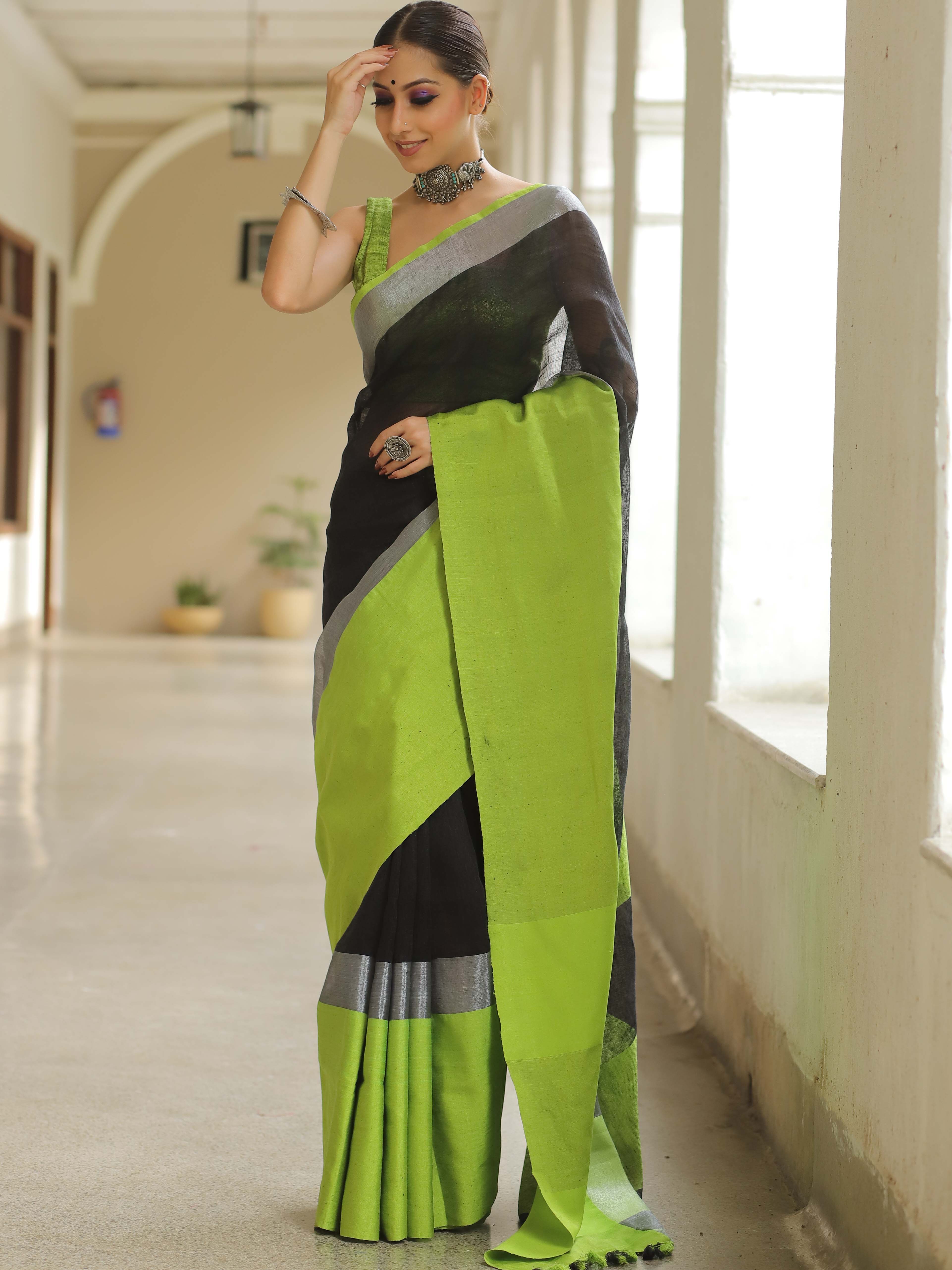 Banarasee Handloom Pure Linen Saree With Contrast Border-Black & Green