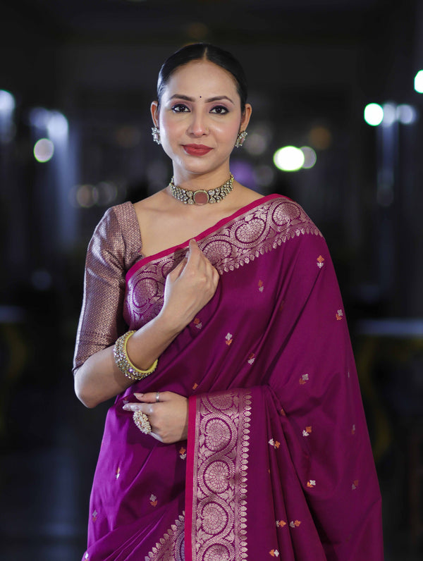 Banarasee Handloom Dual Tone Semi Silk Saree With Buti Design & Border-Wine