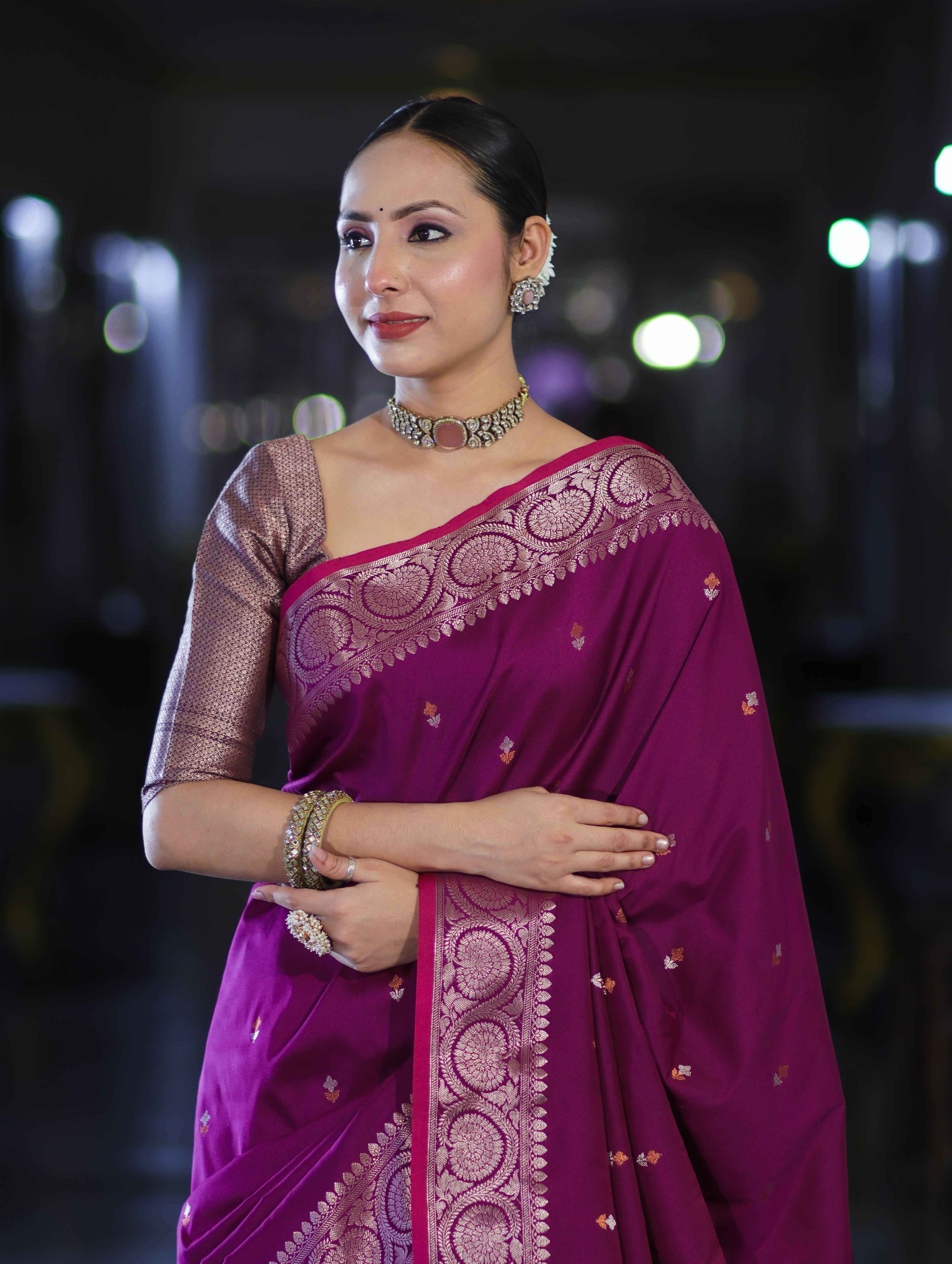 Banarasee Handloom Dual Tone Semi Silk Saree With Buti Design & Border-Wine