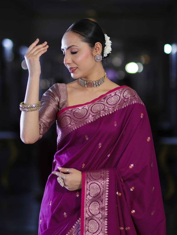 Banarasee Handloom Dual Tone Semi Silk Saree With Buti Design & Border-Wine