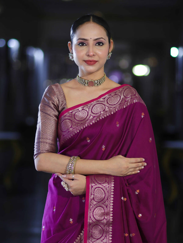 Banarasee Handloom Dual Tone Semi Silk Saree With Buti Design & Border-Wine