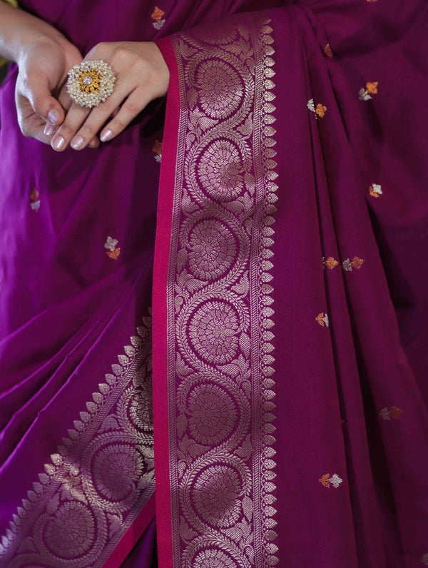 Banarasee Handloom Dual Tone Semi Silk Saree With Buti Design & Border-Wine