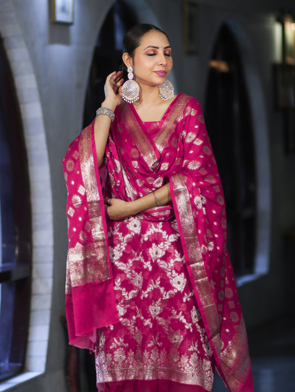Banarasee Zari Work Chiffon Salwar Kameez Fabric With Dupatta Set-Deep Pink