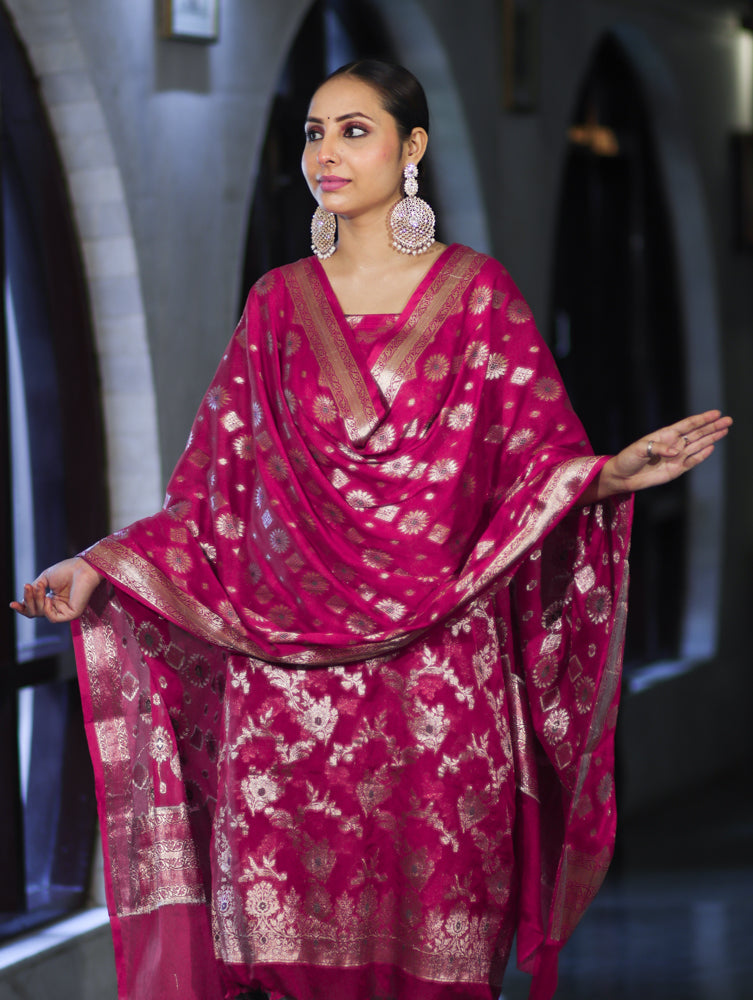 Banarasee Zari Work Chiffon Salwar Kameez Fabric With Dupatta Set-Deep Pink
