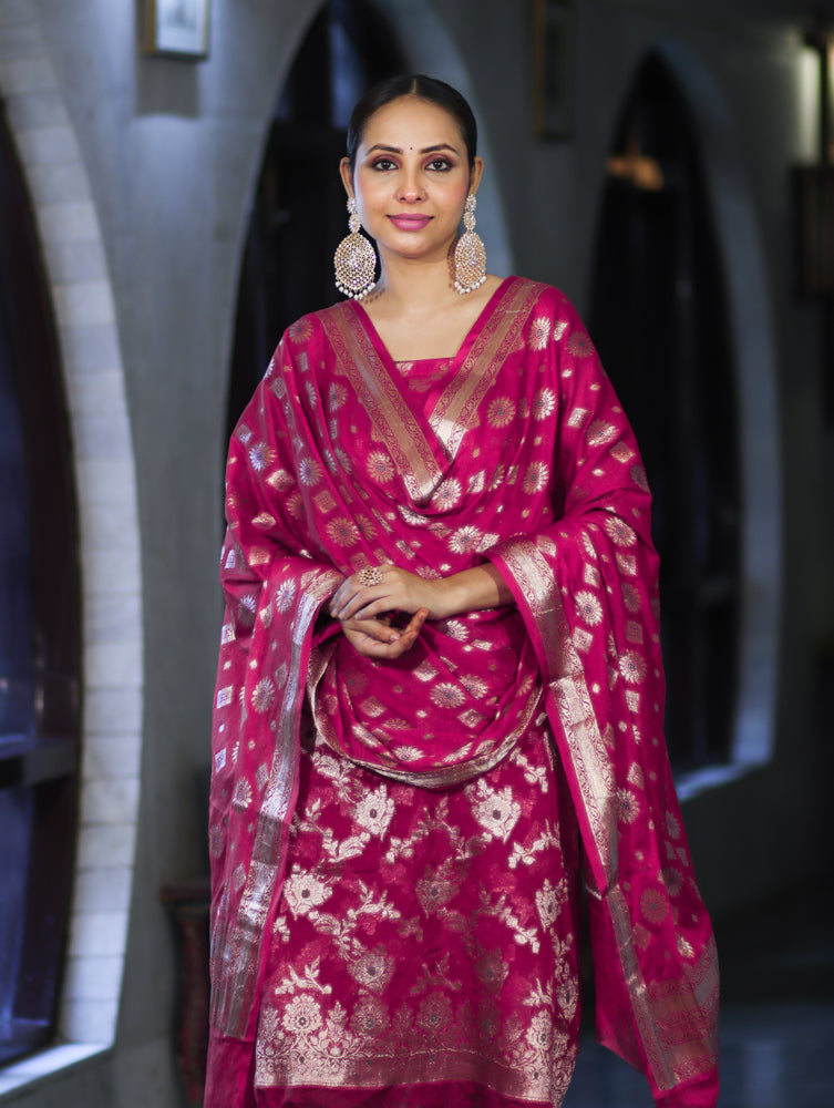 Banarasee Zari Work Chiffon Salwar Kameez Fabric With Dupatta Set-Deep Pink