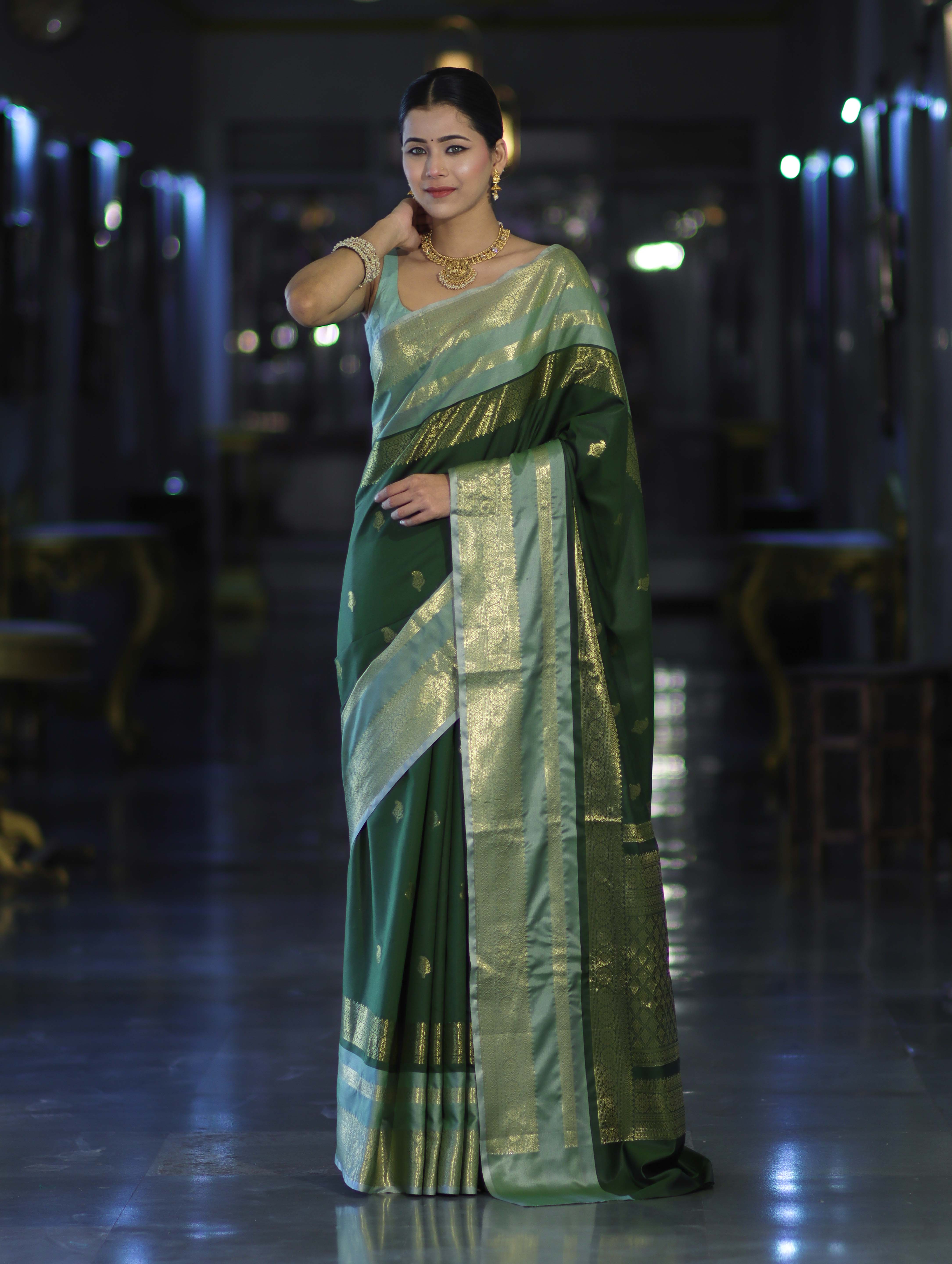 Banarasee Handloom Semi Silk Saree With Buti Design & Contrast Zari Border-Green