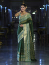 Banarasee Handloom Semi Silk Saree With Buti Design & Contrast Zari Border-Green