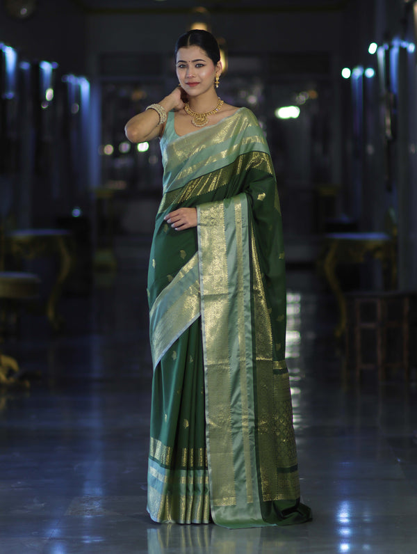 Banarasee Handloom Semi Silk Saree With Buti Design & Contrast Zari Border-Green