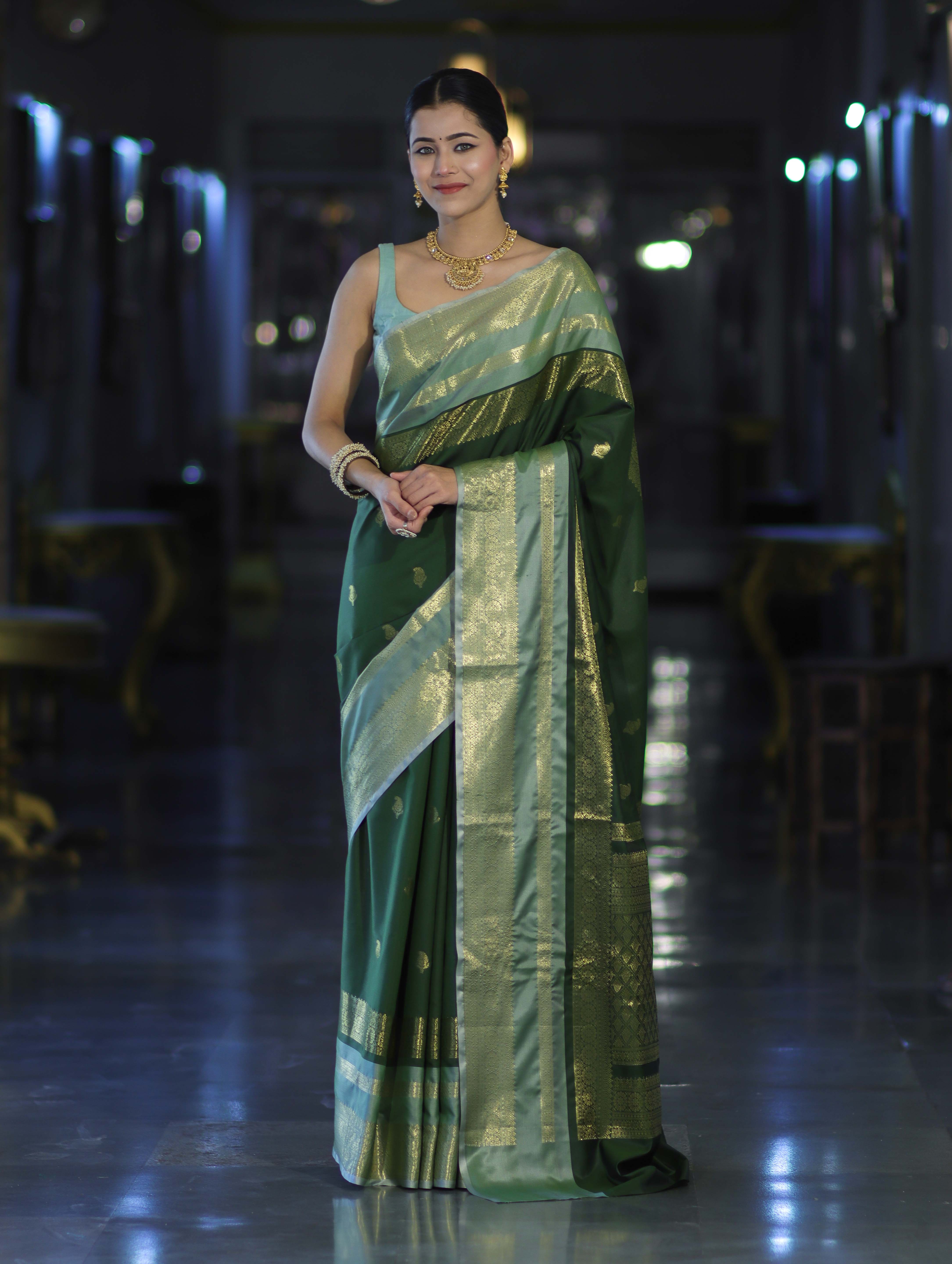 Banarasee Handloom Semi Silk Saree With Buti Design & Contrast Zari Border-Green