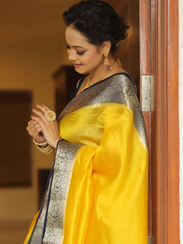 Banarasee Handloom Pure Chiniya Silk Saree With Zari Work & Contrast Border-Yellow & Blue