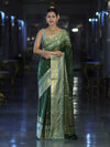 Banarasee Handloom Semi Silk Saree With Buti Design & Contrast Zari Border-Green