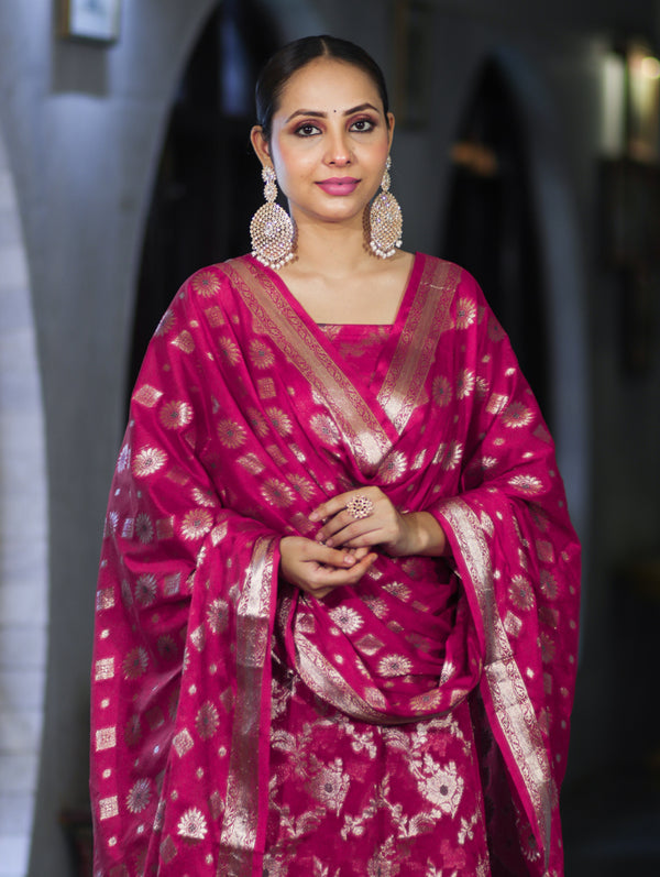 Banarasee Zari Work Chiffon Salwar Kameez Fabric With Dupatta Set-Deep Pink