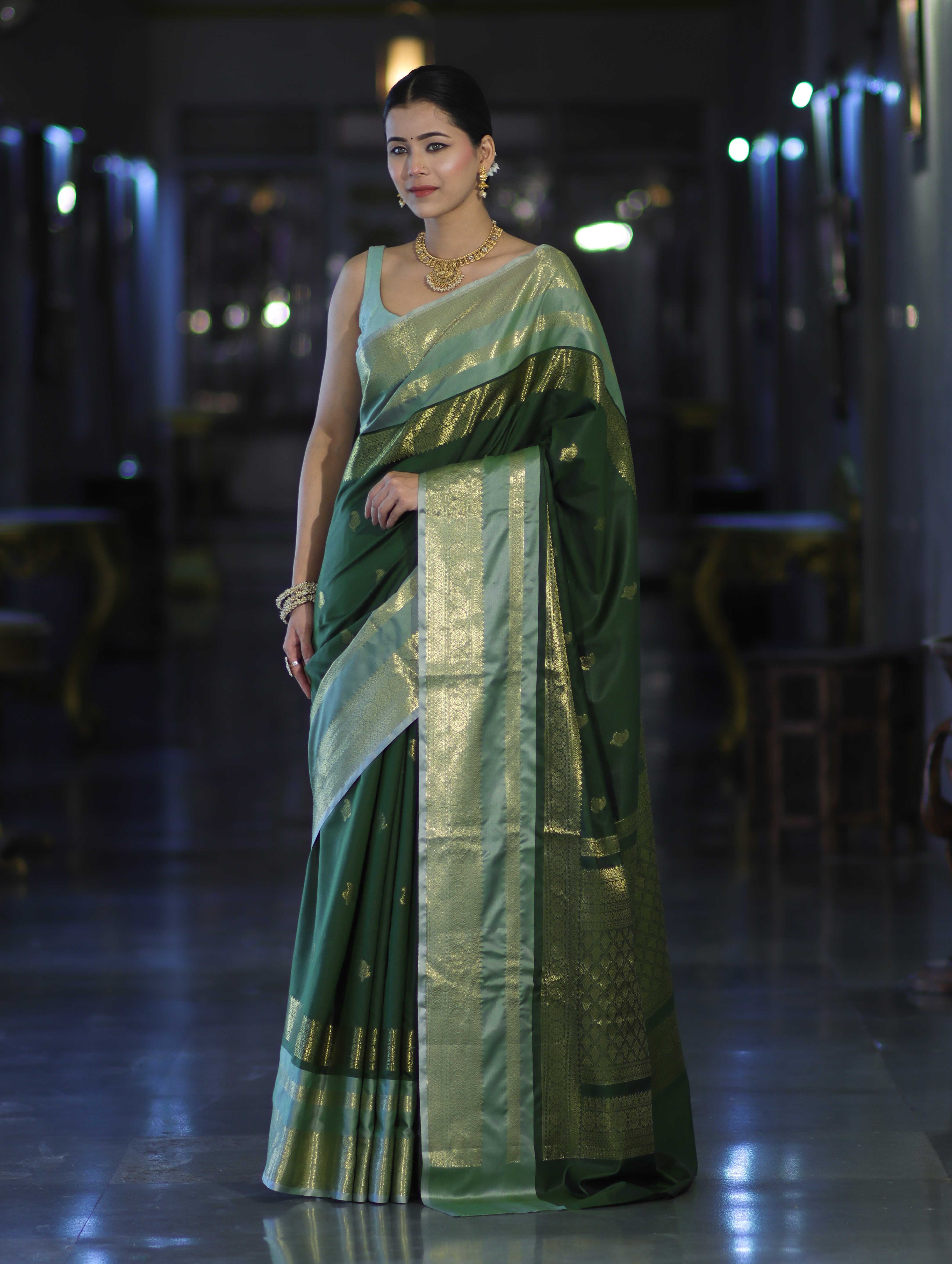 Banarasee Handloom Semi Silk Saree With Buti Design & Contrast Zari Border-Green