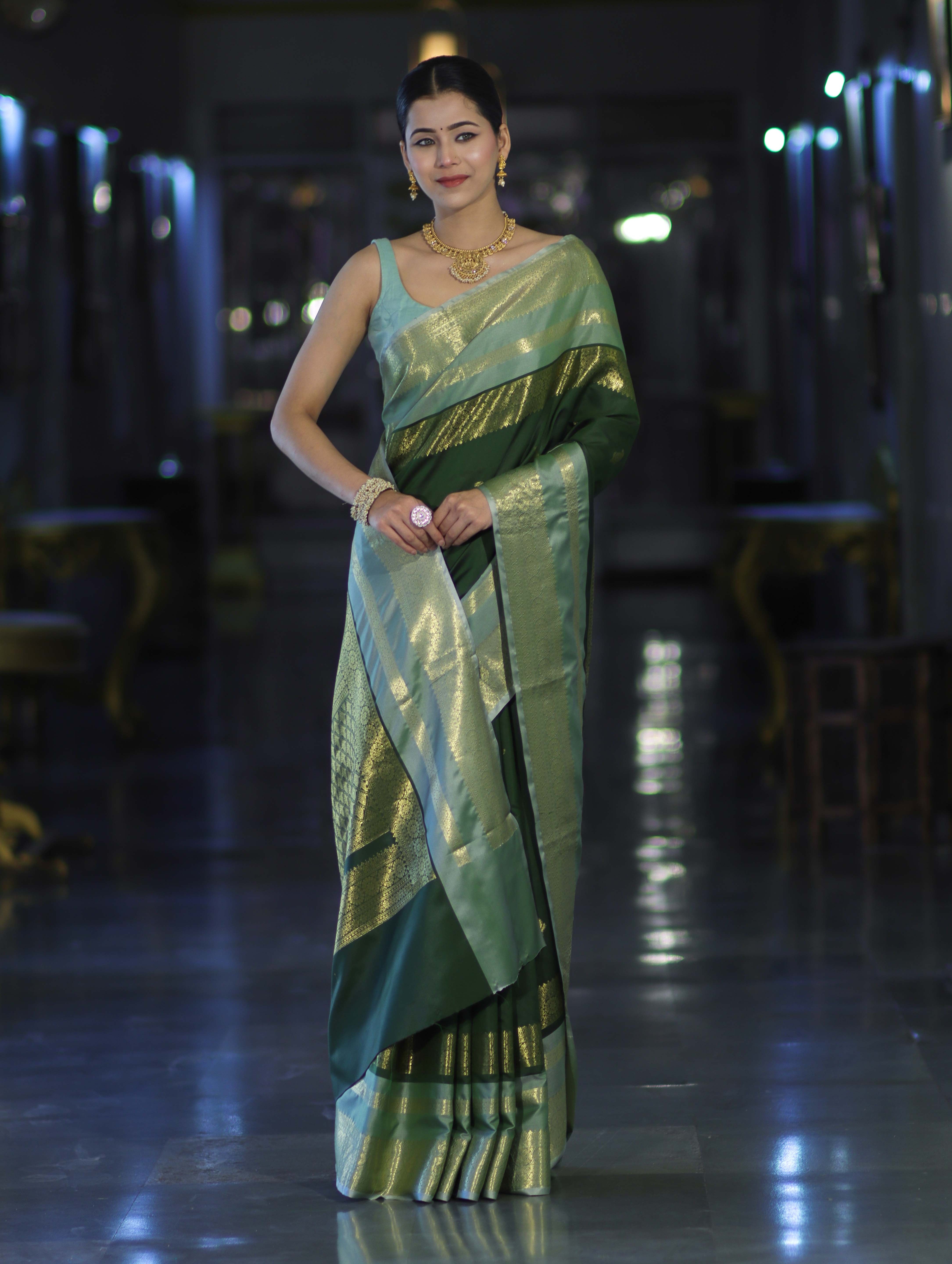 Banarasee Handloom Semi Silk Saree With Buti Design & Contrast Zari Border-Green