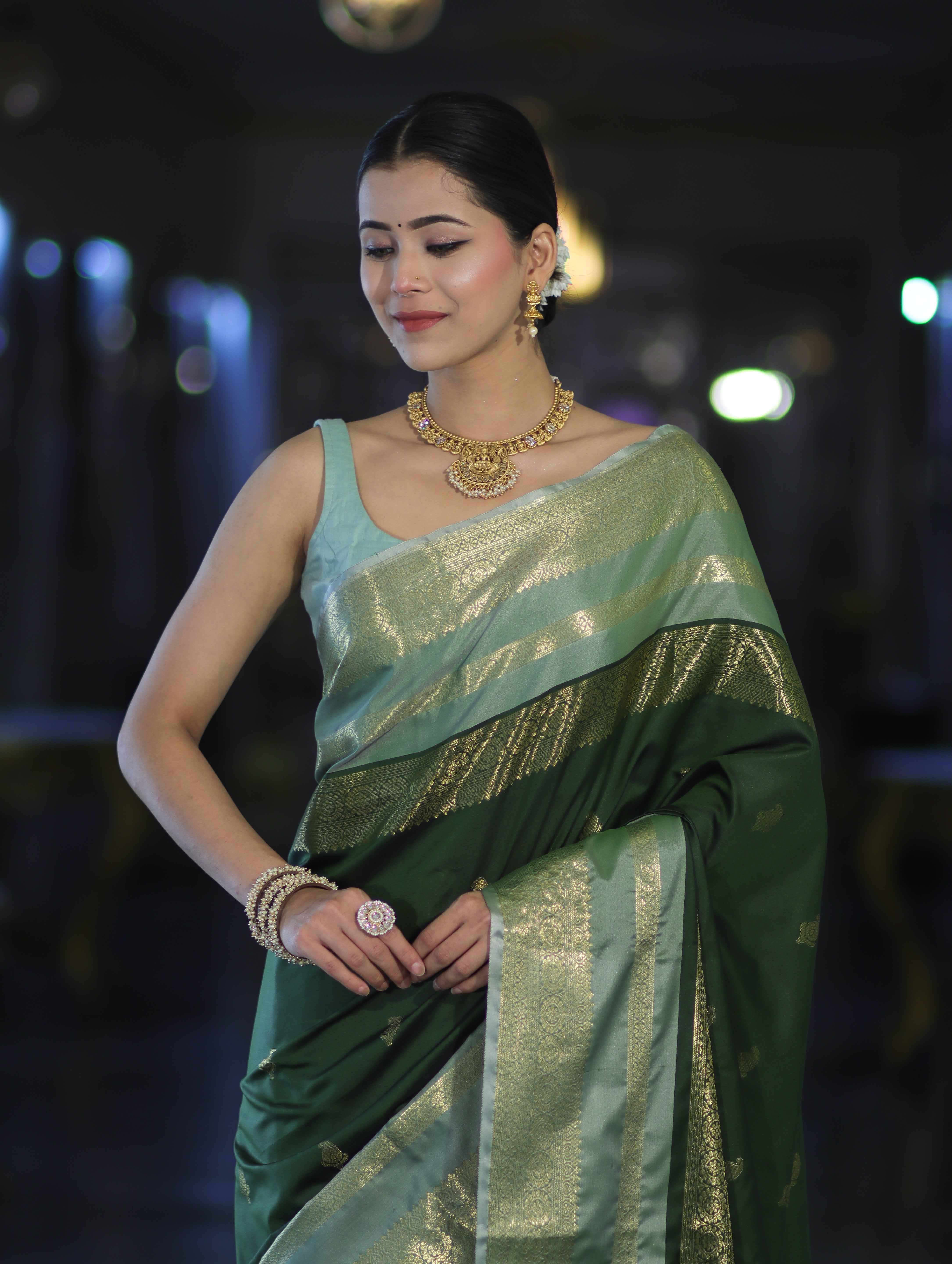 Banarasee Handloom Semi Silk Saree With Buti Design & Contrast Zari Border-Green