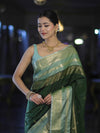 Banarasee Handloom Semi Silk Saree With Buti Design & Contrast Zari Border-Green