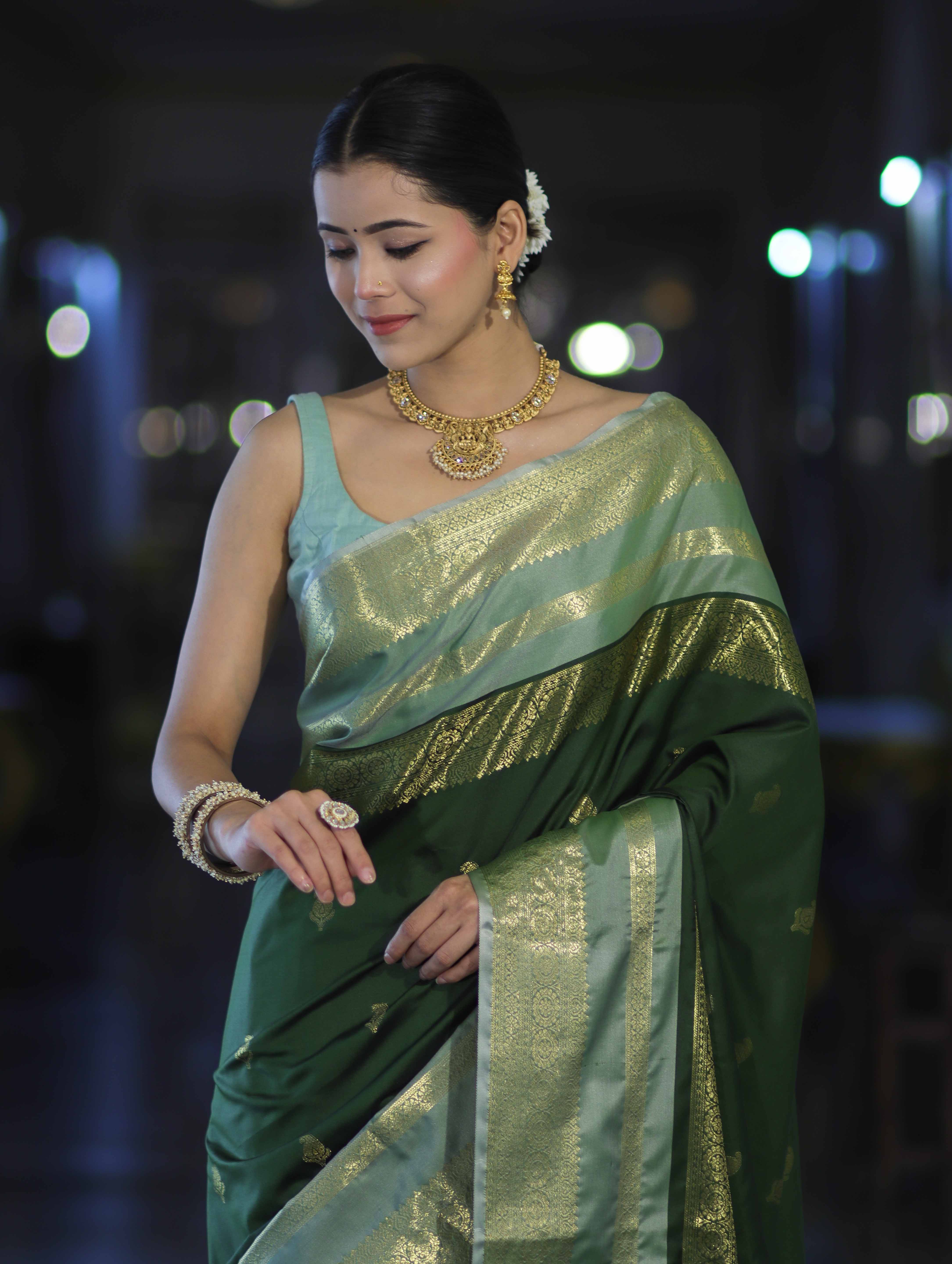 Banarasee Handloom Semi Silk Saree With Buti Design & Contrast Zari Border-Green