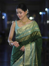 Banarasee Handloom Semi Silk Saree With Buti Design & Contrast Zari Border-Green