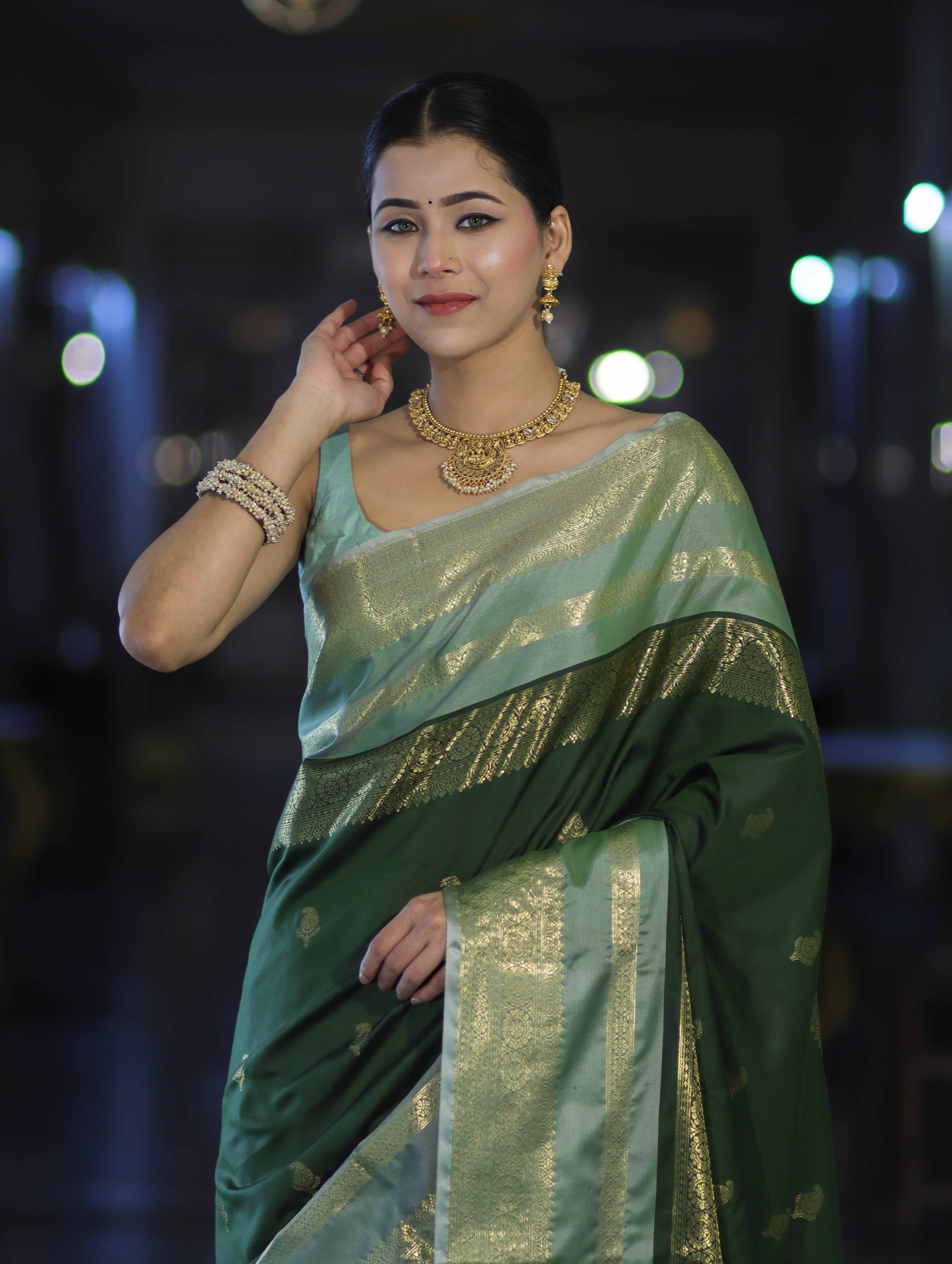 Banarasee Handloom Semi Silk Saree With Buti Design & Contrast Zari Border-Green