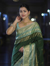 Banarasee Handloom Semi Silk Saree With Buti Design & Contrast Zari Border-Green