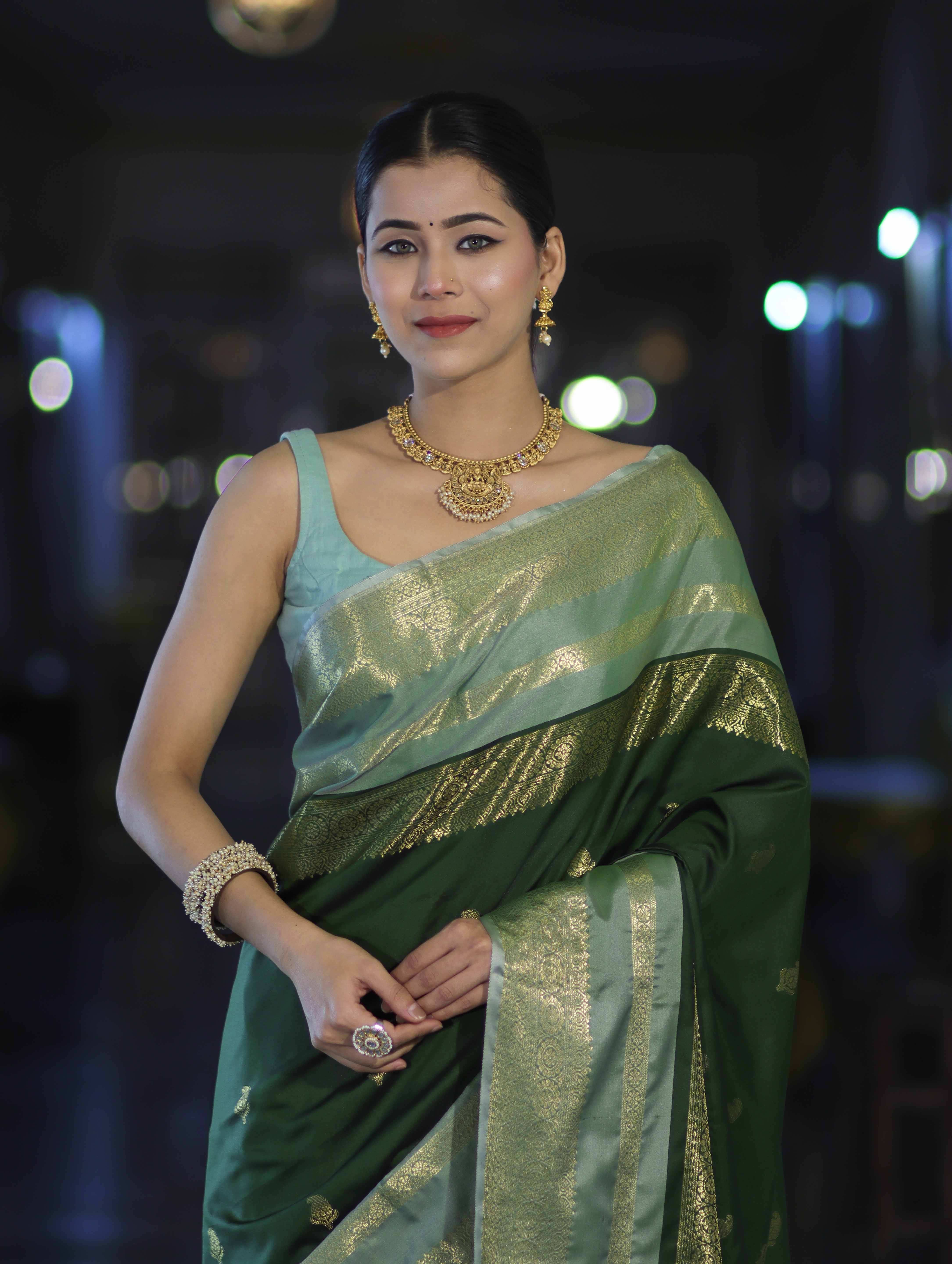 Banarasee Handloom Semi Silk Saree With Buti Design & Contrast Zari Border-Green