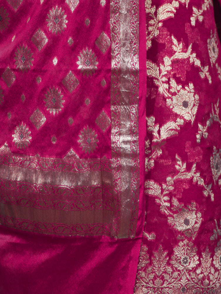 Banarasee Zari Work Chiffon Salwar Kameez Fabric With Dupatta Set-Deep Pink