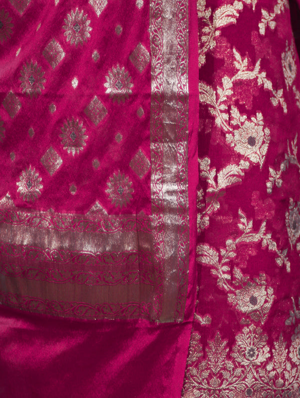 Banarasee Zari Work Chiffon Salwar Kameez Fabric With Dupatta Set-Deep Pink