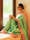 Banarasee Handloom Pure Chiniya Silk Saree With Zari Work & Contrast Border-Sea Green & Pink