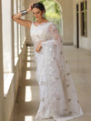 Banarasee Handwoven Organza Floral Embroidery Saree-White