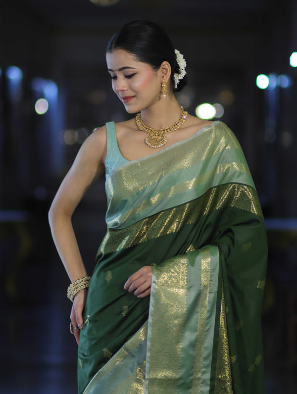 Banarasee Handloom Semi Silk Saree With Buti Design & Contrast Zari Border-Green