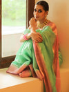 Banarasee Handloom Pure Chiniya Silk Saree With Zari Work & Contrast Border-Sea Green & Pink