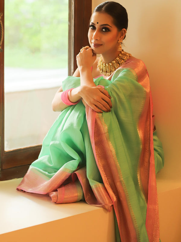 Banarasee Handloom Pure Chiniya Silk Saree With Zari Work & Contrast Border-Sea Green & Pink