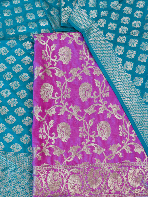 Banarasee Semi-Silk Zari Jaal Work Salwar Kameez Fabric With Contrast Dupatta Set-Onion Pink & Teal Green
