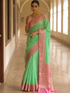 Banarasee Handloom Pure Chiniya Silk Saree With Zari Work & Contrast Border-Sea Green & Pink