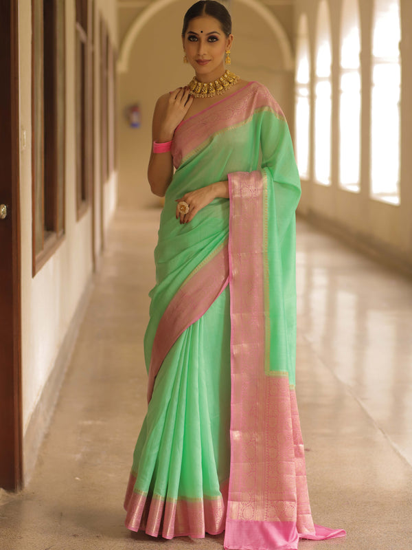 Banarasee Handloom Pure Chiniya Silk Saree With Zari Work & Contrast Border-Sea Green & Pink