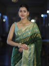 Banarasee Handloom Semi Silk Saree With Buti Design & Contrast Zari Border-Green