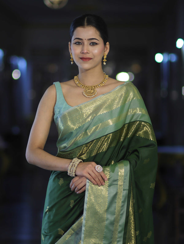 Banarasee Handloom Semi Silk Saree With Buti Design & Contrast Zari Border-Green