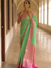 Banarasee Handloom Pure Chiniya Silk Saree With Zari Work & Contrast Border-Sea Green & Pink