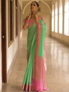 Banarasee Handloom Pure Chiniya Silk Saree With Zari Work & Contrast Border-Sea Green & Pink