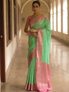 Banarasee Handloom Pure Chiniya Silk Saree With Zari Work & Contrast Border-Sea Green & Pink