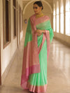 Banarasee Handloom Pure Chiniya Silk Saree With Zari Work & Contrast Border-Sea Green & Pink