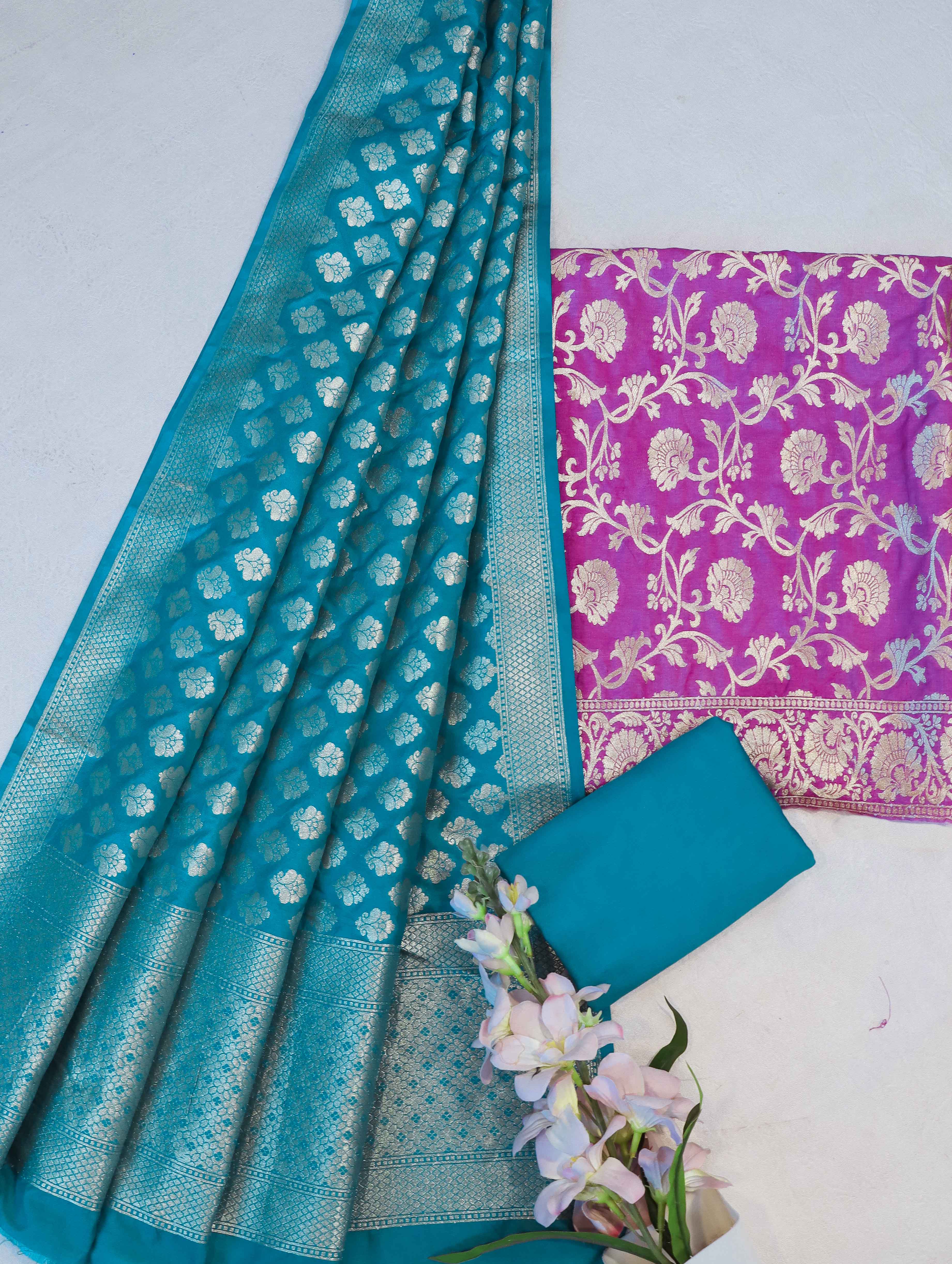 Banarasee Semi-Silk Zari Jaal Work Salwar Kameez Fabric With Contrast Dupatta Set-Onion Pink & Teal Green