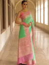 Banarasee Handloom Pure Chiniya Silk Saree With Zari Work & Contrast Border-Sea Green & Pink